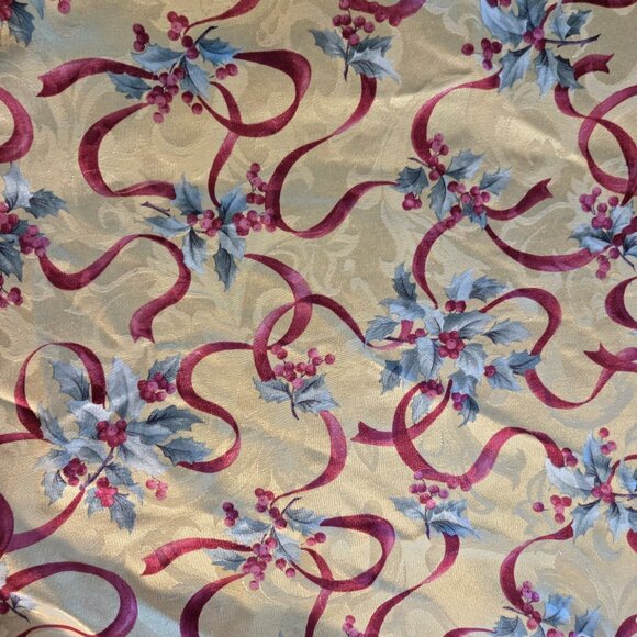 Vintage Traditional Style Holiday Fabric Tablecloth Featuring Ribbons & Holly - Picture 2 of 6